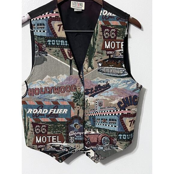 VTG 90s Tapestry Vest Unisex Large Route 66 Hot Rods Hollywood Travel USA - Picture 3 of 14